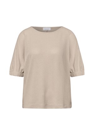 Beige kortærmet top med rund udskæring og rynkede elastiske manchetter, lavet af struktureret stof.