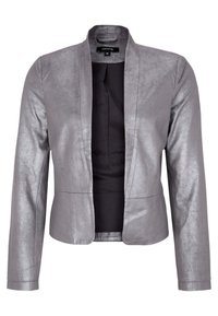 Blazer argent métallisé à texture lisse, ouverture sur le devant et manches longues. Présente une coupe ajustée et une doublure intérieure noire.
