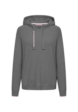 Grijze hoodie met een voorste buidelzak, trekkoorden en roze accenten op het logo en de manchetten. Zacht materiaal, ontspannen pasvorm en zijsplitsingen.
