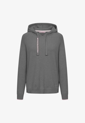 Grauer Kapuzenpullover mit einer vorderen Kängurutasche, Kordeln und pinken Akzenten am Logo und den Bündchen. Weicher Stoff, lässige Passform und seitliche Schlitze.