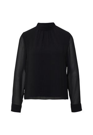 Zwarte blouse met lange mouwen, hoge geplooide kraag en manchetten, met doorschijnende mouwen en een effen lijfje.