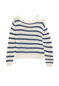 Suéter de punto a rayas con diseño de hombro caído, con rayas en crema y azul marino, mangas largas y una tela texturizada.