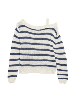 Suéter de punto a rayas con diseño de hombro caído, con rayas en crema y azul marino, mangas largas y una tela texturizada.
