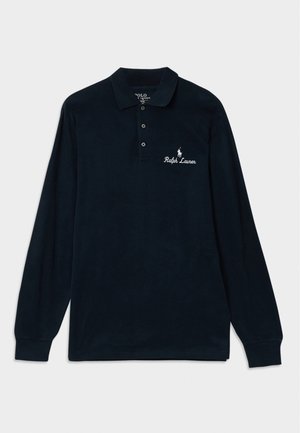 Polo cu mâneci lungi de culoare bleumarin, confecționat din bumbac, cu guler, placket cu trei nasturi și logo-ul alb brodat "Ralph Lauren" cu un cal.