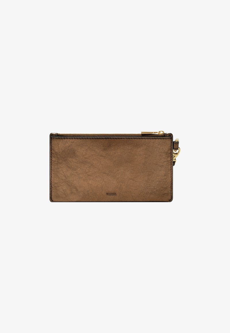 Brown leather zip wallet with a smooth texture, rectangular shape, subtle branding, and gold-tone hardware accent.
