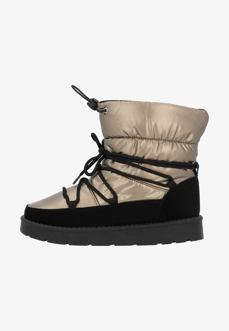 Botte d'hiver isolante beige et noire avec semelle épaisse noire et fermeture à lacets noirs enveloppant la tige.