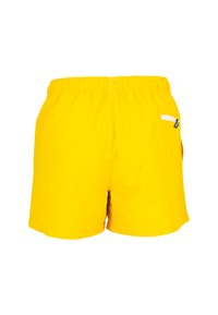 Shorts de bain jaunes avec une taille élastique, une poche arrière avec fermeture éclair, et des coutures plates pour une finition lisse.