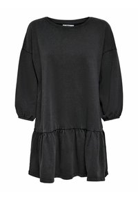 Czarna zwiewna sukienka o luźnym kroju z długim rękawem, elastycznymi mankietami i marszczonym, warstwowym dołem, wykonana z miękkiego, lekkiego materiału.