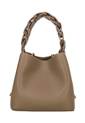 Braune Handtasche aus strukturiertem Leder mit einem geschwungenen Oberteil, geflochtenem Griff und Beschlägen in Goldoptik. Schlankes Design mit einer strukturierten Silhouette.