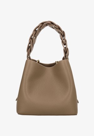 Braune Handtasche aus strukturiertem Leder mit einem geschwungenen Oberteil, geflochtenem Griff und Beschlägen in Goldoptik. Schlankes Design mit einer strukturierten Silhouette.