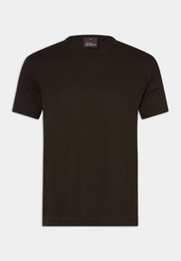 Musta lyhythihainen t-paita, joka on valmistettu pehmeästä kankaasta. Siinä on pyöreä kaula-aukko ja minimalistinen muotoilu ilman näkyviä kuvioita tai yksityiskohtia.