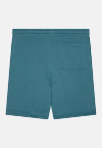 Tyrkysové bavlněné šortky s hladkou texturou, elastickým pasem a jednou zadní kapsou. Jednoduchý design, žádné vzory ani akcenty.
