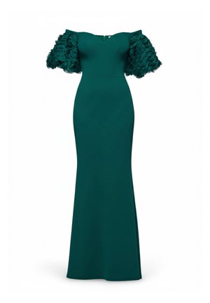 Morska sukienka wieczorowa z dopasowanym gorsetem i pełnymi, falbaniastymi rękawami. Wykonana z gładkiego materiału, posiada dekolt w szpic i długą do ziemi sylwetkę.
