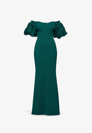 Vestido de noche azul verdoso con corpiño ajustado y mangas largas con volantes. Está hecho de una tela suave y presenta un escote en V y una silueta hasta el suelo.