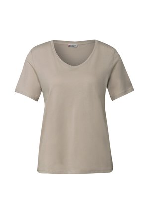 T-shirt beige à manches courtes avec un décolleté en V. Fabriqué en tissu lisse, il présente une coupe décontractée et un design simple. Aucune motif ni accent.