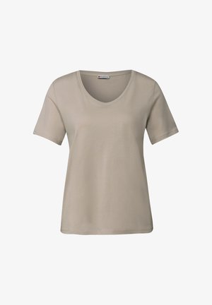 Harmaa lyhythihainen t-paita V-päällä. Valmistettu sileästä kankaasta, jossa on rento istuvuus ja yksinkertainen muotoilu. Ei kuvioita tai korostuksia.