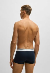 Navy boxer briefs with a white striped waistband, fitted design, and smooth texture, worn by a male model, showcasing the back view.