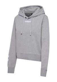 Grå kortärmad hoodie i mjukt material, med dragsko i huvan, ribbade ärmslut och "HUMMEL"-logotyp i vitt på bröstet och ärmen.