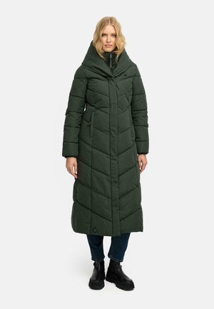 Long green puffer coat with a hood, featuring a diamond quilted design, side pockets, and a smooth, matte texture. Black accents at the bottom.