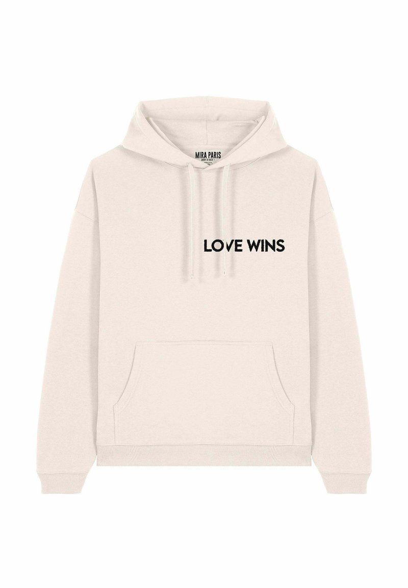 Felpa con cappuccio beige chiaro realizzata in tessuto morbido, dotata di una tasca frontale e con la scritta nera "LOVE WINS" stampata sul petto.