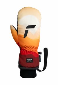 Handschuhe mit mehrfarbigem Verlaufsdesign in Orange-, Rot- und Gelbtönen. Hergestellt aus weichem Material mit einem schwarzen gestrickten Bündchen und Logo.