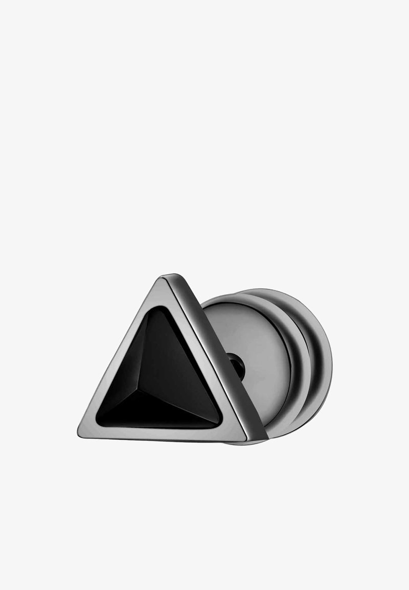 Trójkątny uchwyt drzwiowy w matowej czerni i wypolerowanym srebrnym metalu, z geometricznym wzornictwem i gładkimi wykończeniami.
