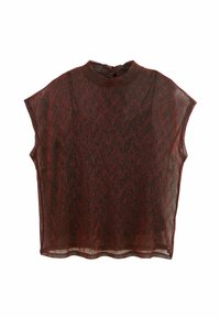 Red and black short-sleeved top with a high neck, featuring a textured pattern and sheer fabric, straight hem, and back button closure.