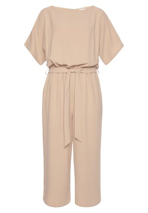 Beige jumpsuit with short wide sleeves, round neckline, gathered waist, and matching fabric belt tied at the front.
