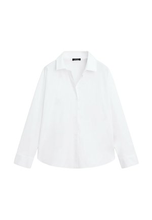 White long-sleeve button-up shirt with collar and cuffs, displayed flat on a white background.
