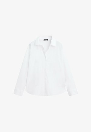 White long-sleeve button-up shirt with collar and cuffs, displayed flat on a white background.