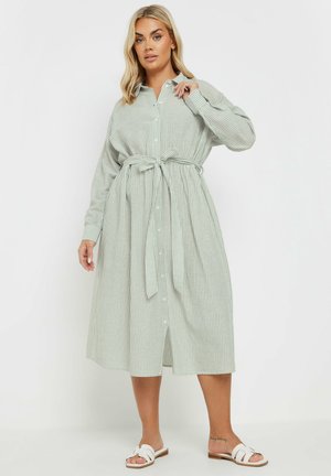 Striped button-down dress in light green, featuring a tie belt, long sleeves, and a relaxed fit. Made of a lightweight fabric.