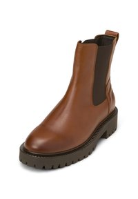 Braune Leder-Ankle-Boots mit elastischen seitlichen Einsätzen, runder Zehenpartie und einer massiven grünen Gummisohle mit strukturierten Details.