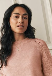 Gaiši rozā džemperis ar teksturētām, mežģīnēm līdzīgām piedurknēm un apaļu kakla izgriezumu. Redzama zelta kaklarota ar mazu piekariņu. Mīksts, adīts materiāls.