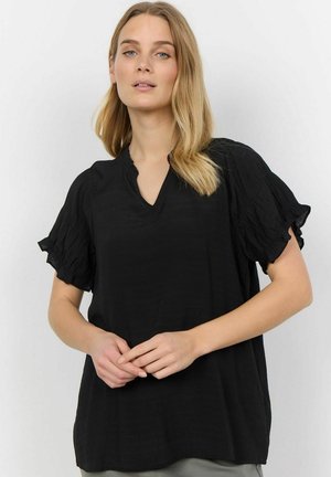 Black short-sleeve blouse with a V-neck, textured fabric, and ruffled sleeves. Loose fit and hip-length design.