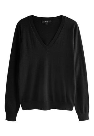 Pull noir à manches longues avec col en V, poignets et ourlet côtelés, présenté à plat sur fond blanc.