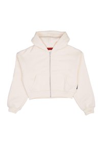 Krátka mikina s kapucňou so zapínaním na zips v krémovej fleece látke, s klokankovými vreckami a rebrovanými manžetami, s malou čiernou značkovou nálepkou na boku.