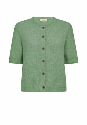 Cardigan tricotat verde, cu mânecă scurtă, având șase nasturi maro și decolteu rotund.