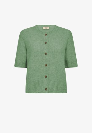 Zöld, rövid ujjú kötött kardigán hat barna gombbal és kerek nyakkivágással.