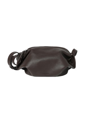 Dark brown leather waist bag with a zip closure, adjustable strap, and subtle brand embossing on front center.
