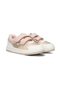 Beige and white sneakers with pink Velcro straps and perforated toe detail. Features a textured upper and rubber sole for grip.