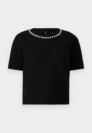 Black short-sleeve sweater featuring a crew neck adorned with a circular pattern of silver-tone embellishments along the neckline.