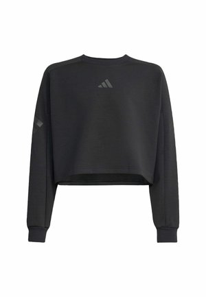 Musta cropattu collegepaita, joka on valmistettu teksturoidusta kankaasta. Ominaisuuksiin kuuluvat pitkät hihat, ribbaatut hihansuut ja kolme hienovarasta hartiastripeä.