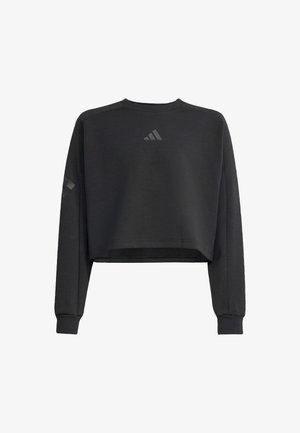 Sudadera negra cortada hecha de tela texturizada. Cuenta con mangas largas, puños acanalados y tres rayas sutiles en los hombros.