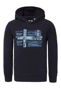 Felpa blu navy con tasca a marsupio frontale, testo grafico blu e simboli che fanno riferimento all'esplorazione di basi di ricerca e ai sondaggi di mappatura GPS.