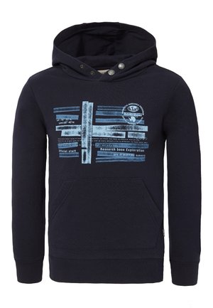 Felpa blu navy con tasca a marsupio frontale, testo grafico blu e simboli che fanno riferimento all'esplorazione di basi di ricerca e ai sondaggi di mappatura GPS.