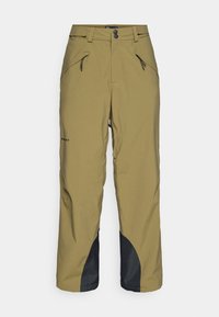 Pantalons de ski vert olive à coupe slim, avec deux poches avant, des accents noirs aux poignets et un tissu durable et texturé.