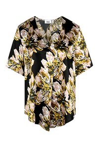 Blumenbluse aus schwarzem Satin mit großen gelben und rosa Blütenmustern. Sie verfügt über einen V-Ausschnitt und kurze Ärmel sowie ein lockeres Design.