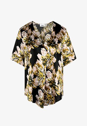 Blumenbluse aus schwarzem Satin mit großen gelben und rosa Blütenmustern. Sie verfügt über einen V-Ausschnitt und kurze Ärmel sowie ein lockeres Design.