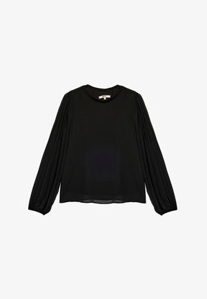 Sort bluse med lange, let puffede ærmer, en rund halsudskæring og et glat, let stof med en subtil glans.