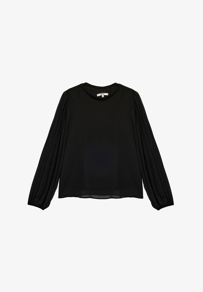 Schwarze Bluse mit langen, leicht puffierten Ärmeln, rundem Ausschnitt und einem glatten, leichten Stoff mit dezentem Glanz.